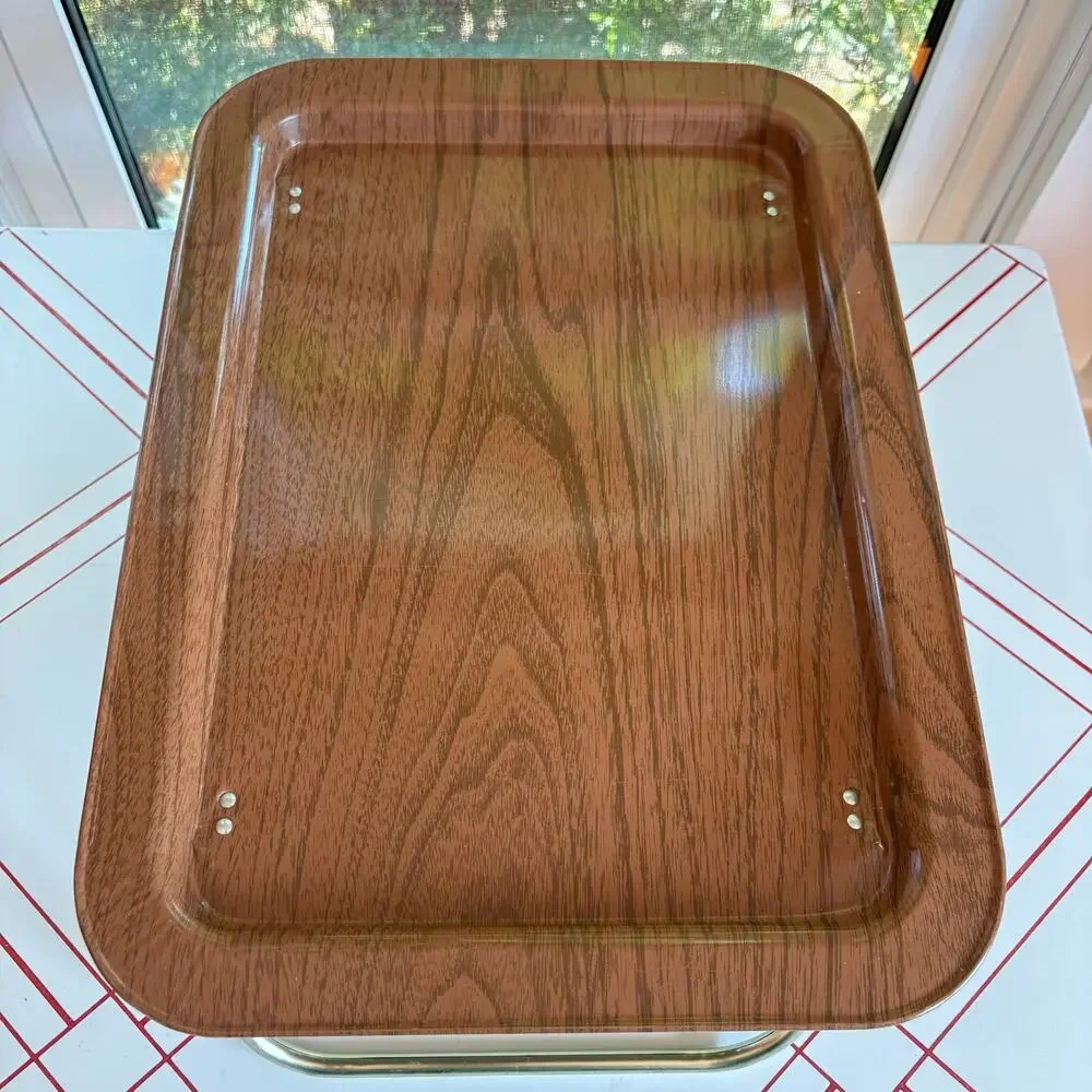 Vintage Faux Bois Metal Folding Lap Tray Gold Tone Legs MCM